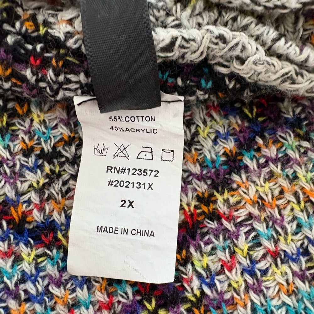 Rainbow Geometric Southwest Knit Open Cardigan 2X Crocheted Hooded Long Sweater - Picture 8 of 10